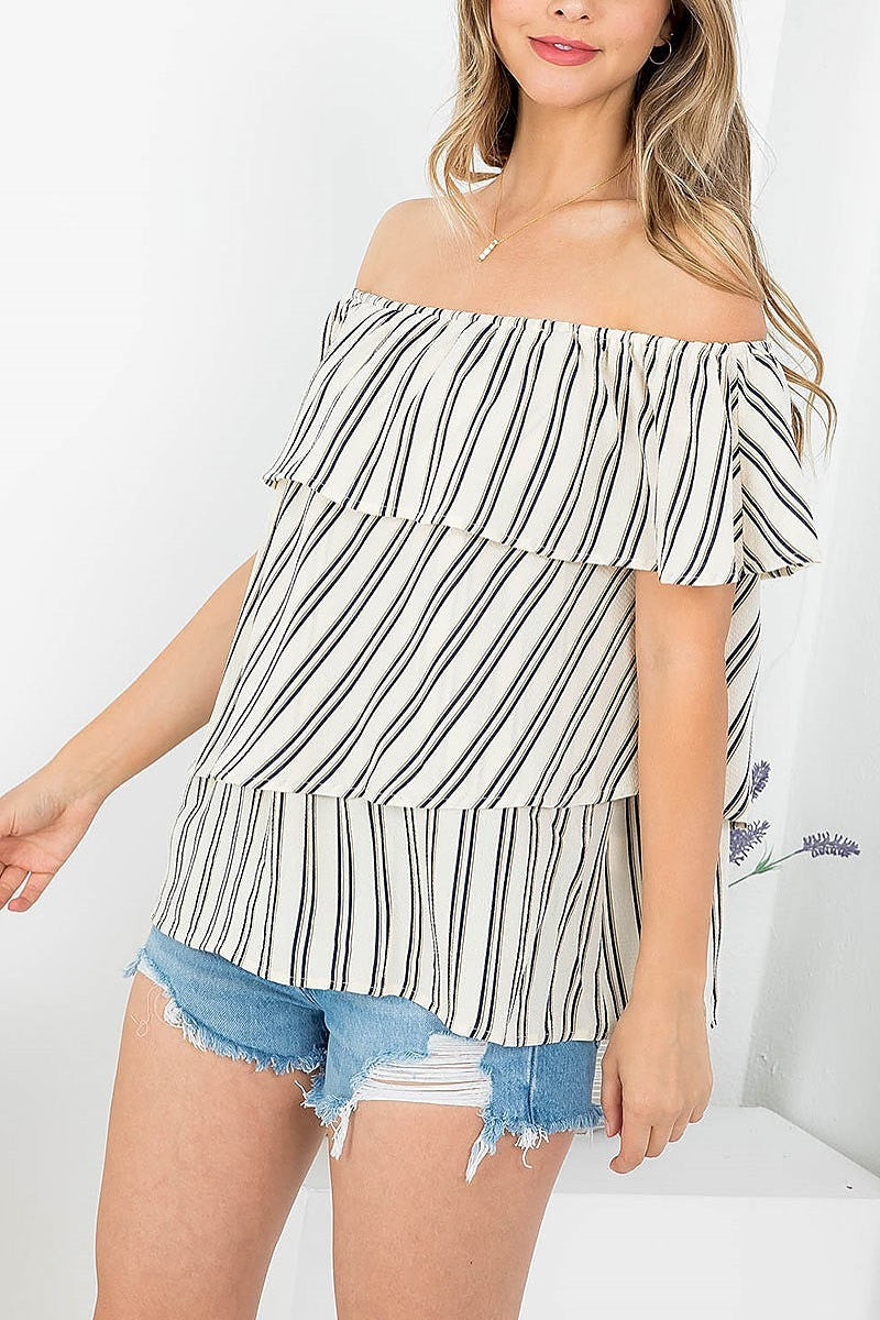 Stripes off shoulder ruffle with bow tie back top (EF3807)