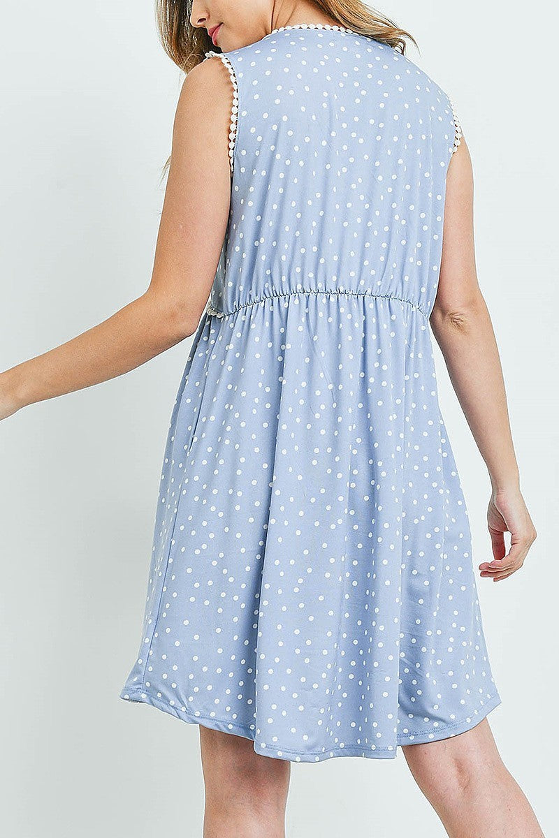 Polka dot sleeveless pompom detail neckline cinch waist baby doll dress with pockets (DED6176-3)