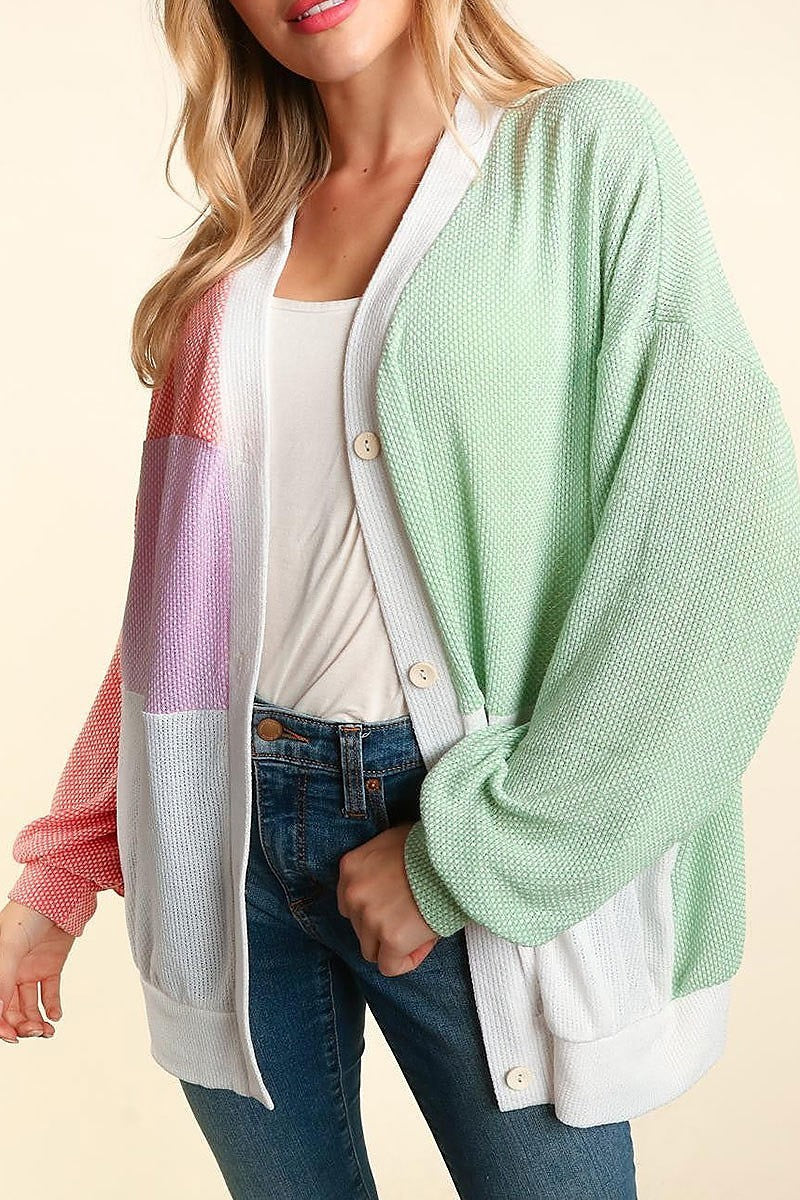 Color block oversized button down cardigan (ETBM4420)