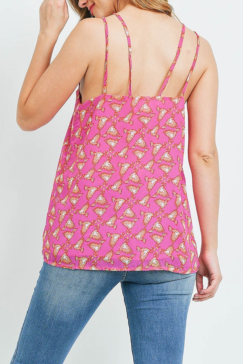 Spaghetti strap design bird print loose fit top (ED9526)