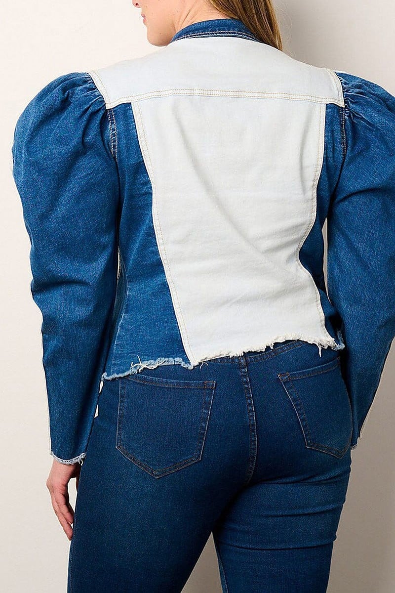 Puff sleeve button closure colorblock denim jacket (EFWT9037)