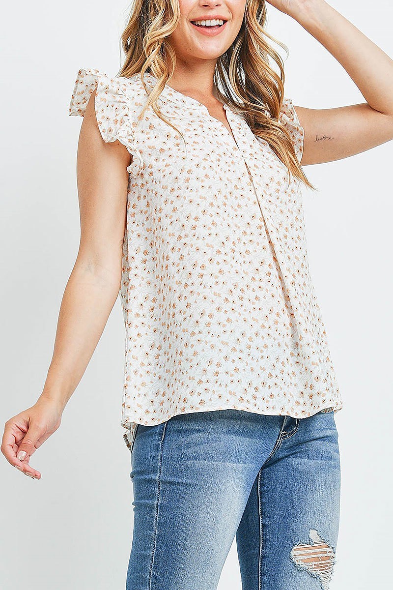 Notch neck ruffle cap sleeve floral top (EF1864)