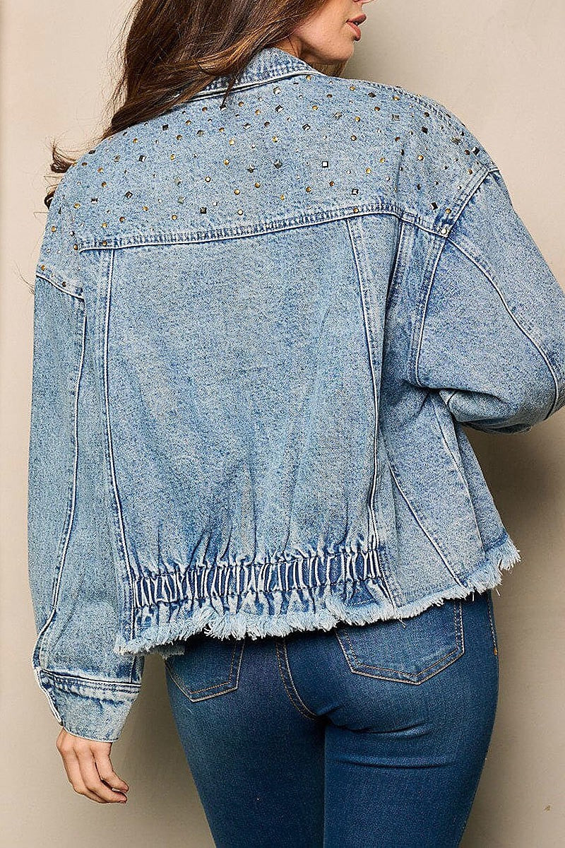 Button closure studs detailed denim jacket (EFWT4937)