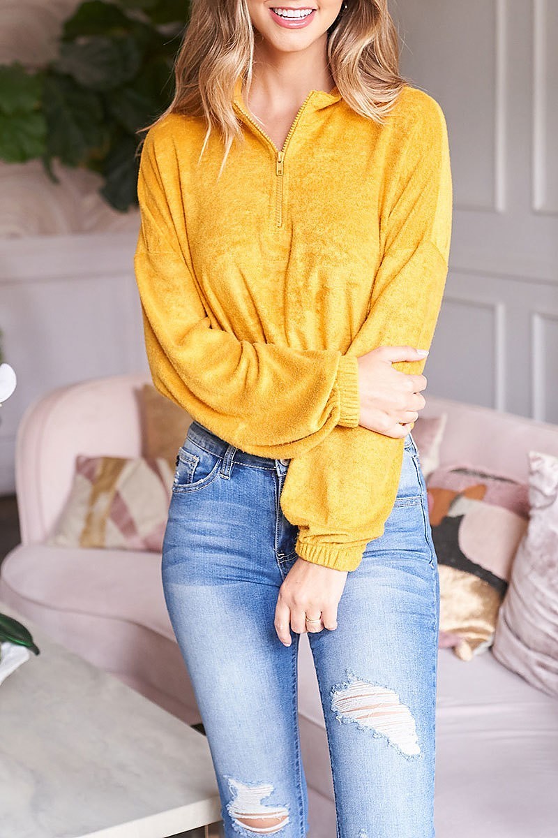 Zipper neck elastic waist velvet top (EF2419)