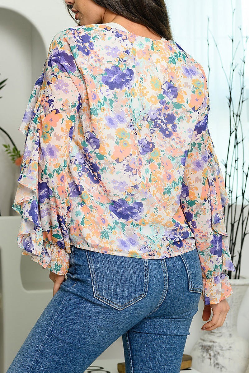 Long sleeve ruffle floral print top (EDWT5993)