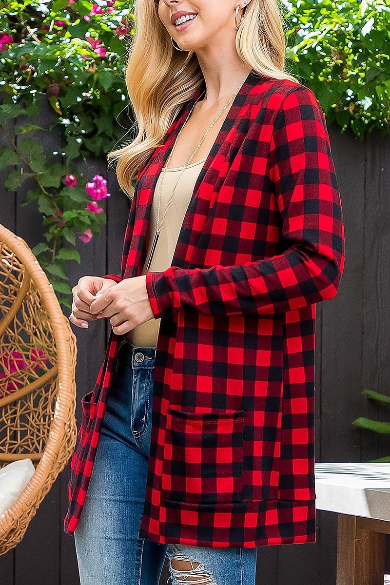 Plaid open front pocket cardigan (DGS5882)