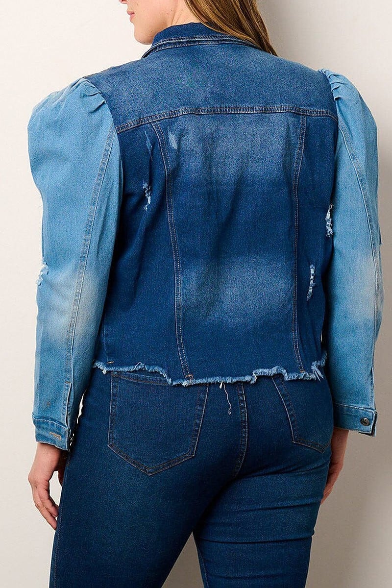 Puff sleeve button closure colorblock denim jacket (EFWT9036)