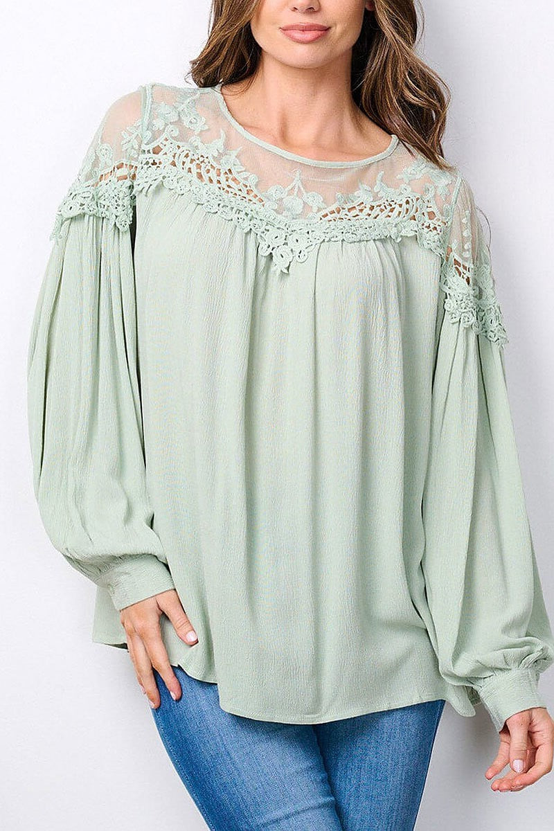 Long sleeve lace detailed tunic blouse top (EFWT7486)