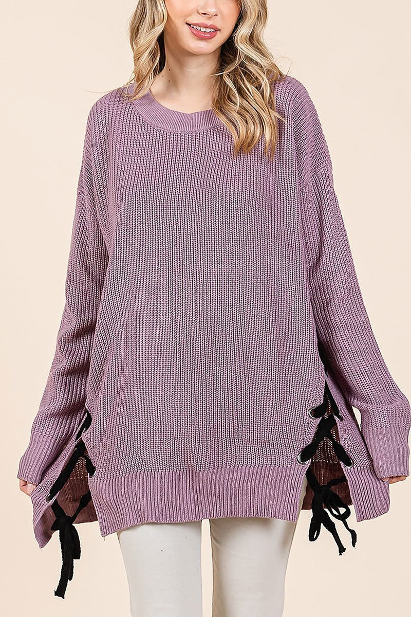 Crew neck drop shoulder sweater with lace up (EDH2127)