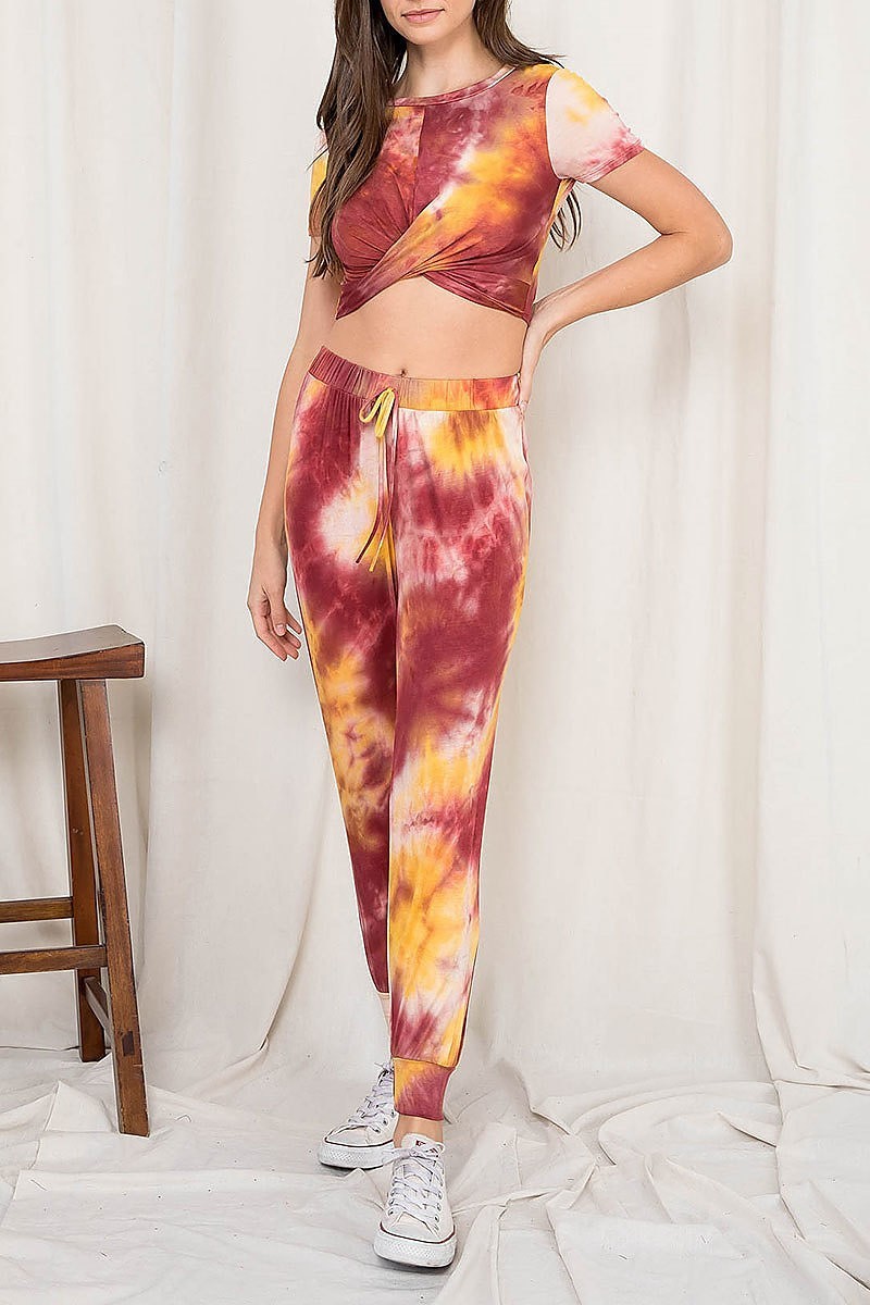 Twist front tie dye crop top and jogger pants set (EF2680)