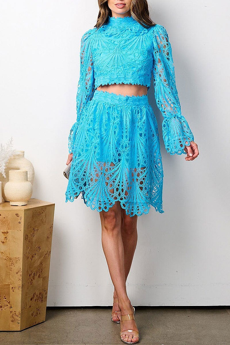 Long bell sleeve crop top & mini crochet skirt set (EFWT7744)