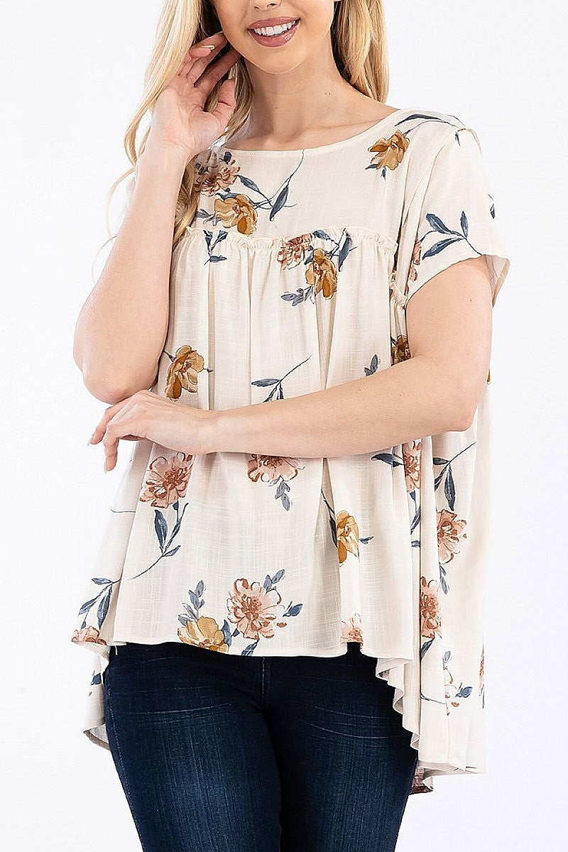 Floral short sleeve ruffle detail top (EF6023)