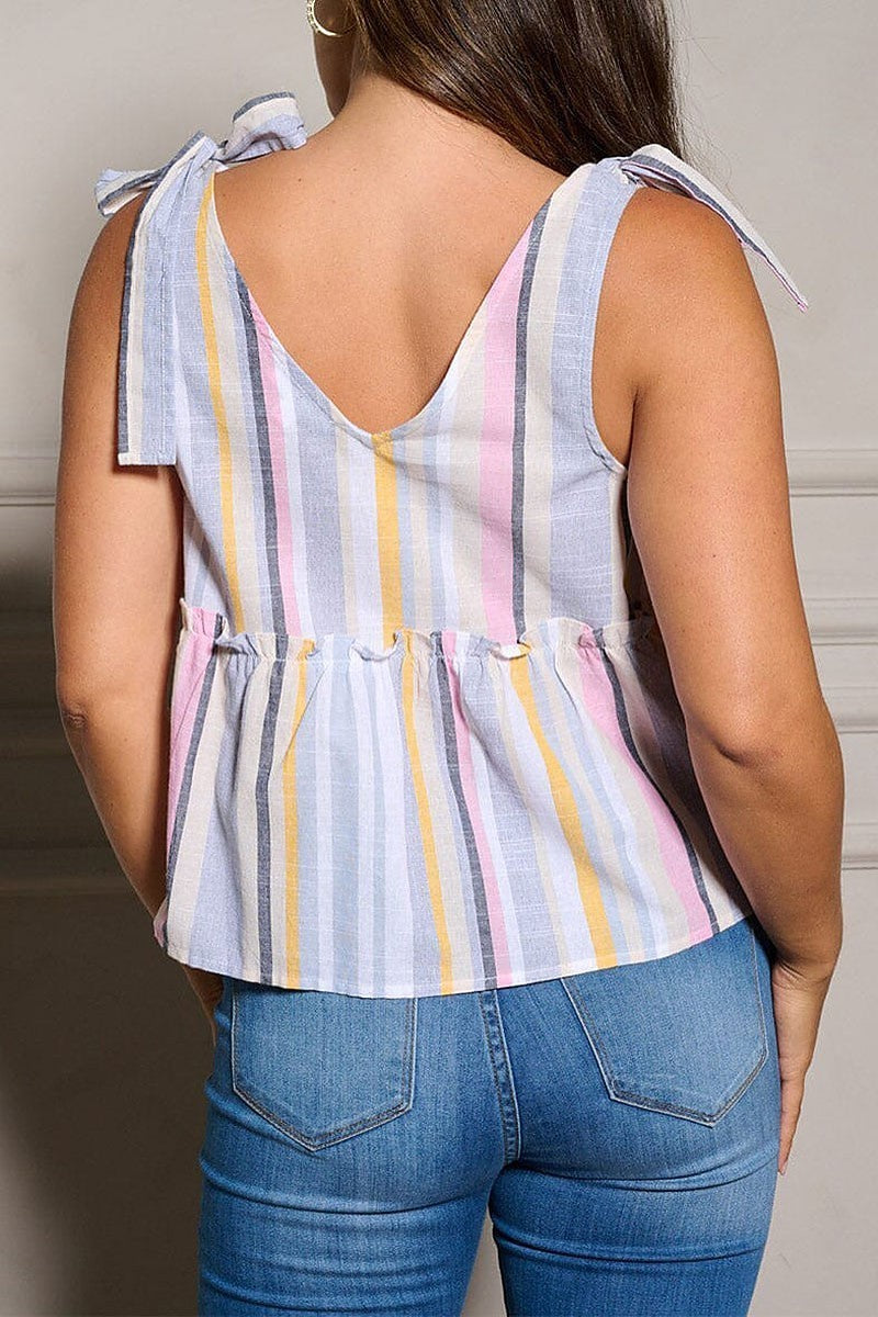 Sleeveless v-neck multi stripes peplum tank top (EGWT2359)