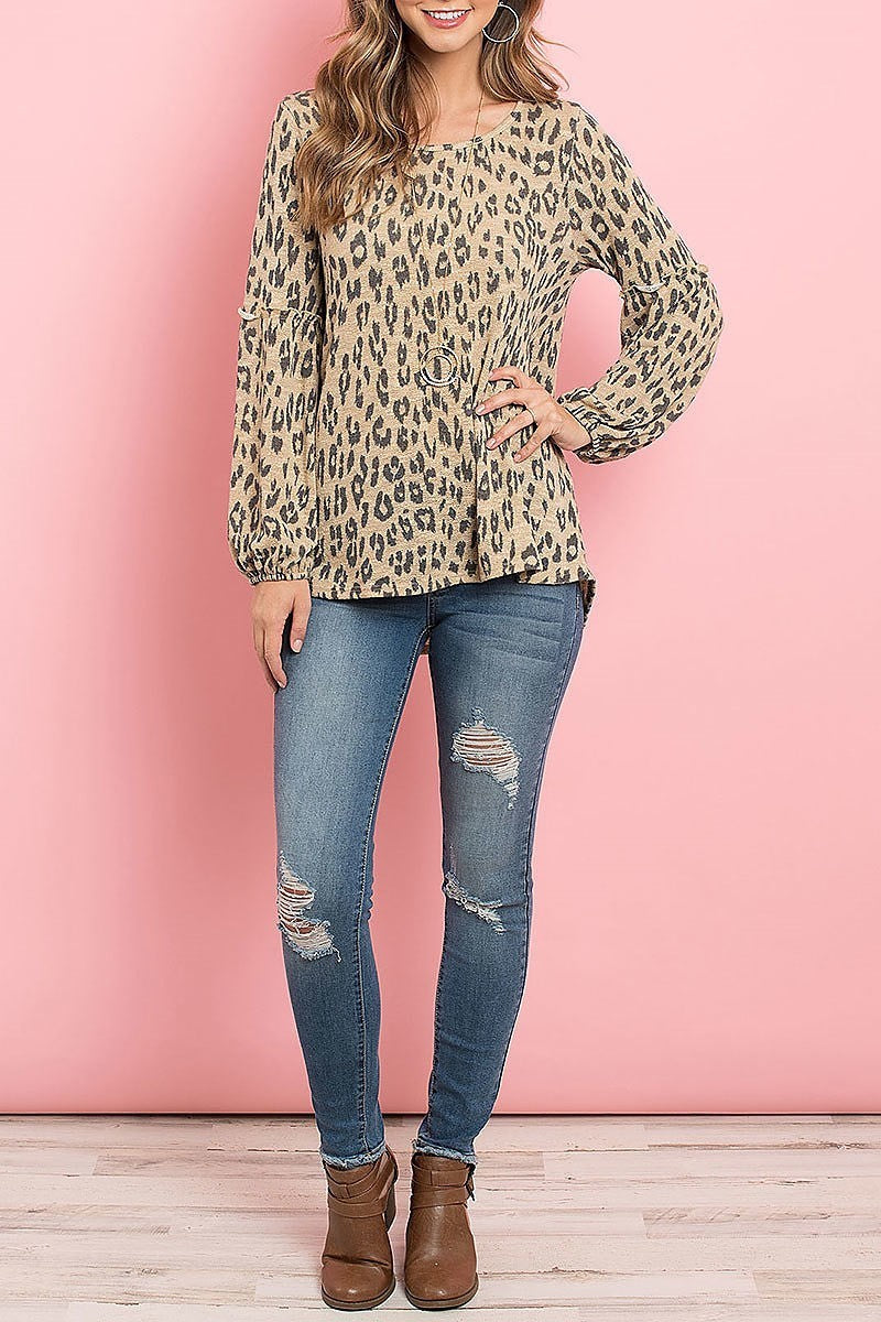 Puff ruffle detail sleeve leopard top (ED8545)