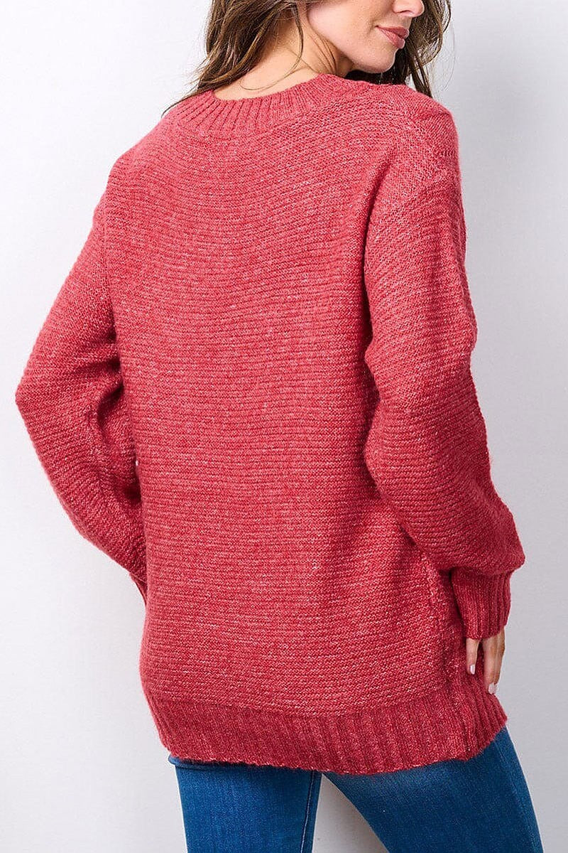 Long sleeve v-neck knitted sweater (EFWT7492)