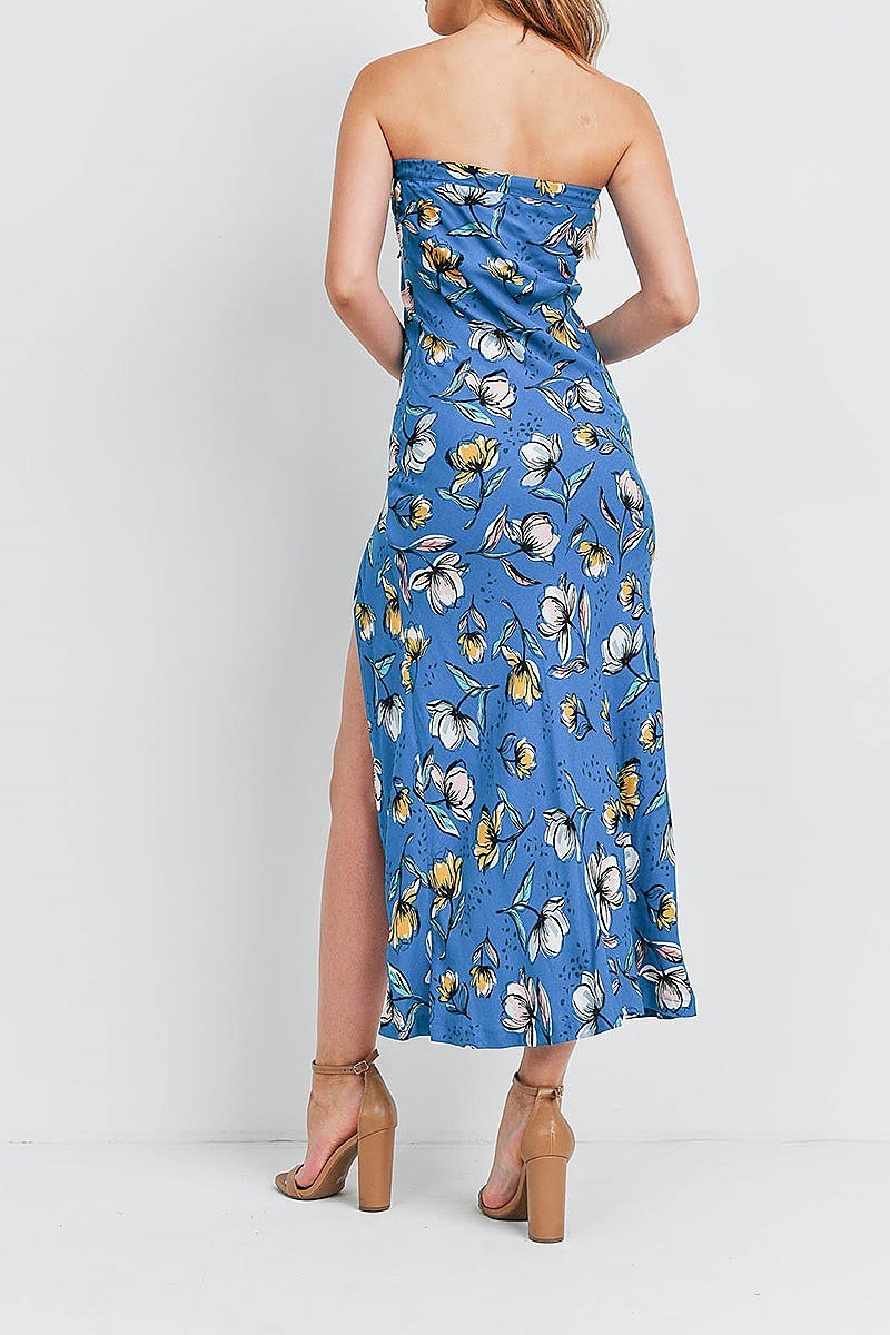 Bow detail floral print strapless maxi dress (DED6549)