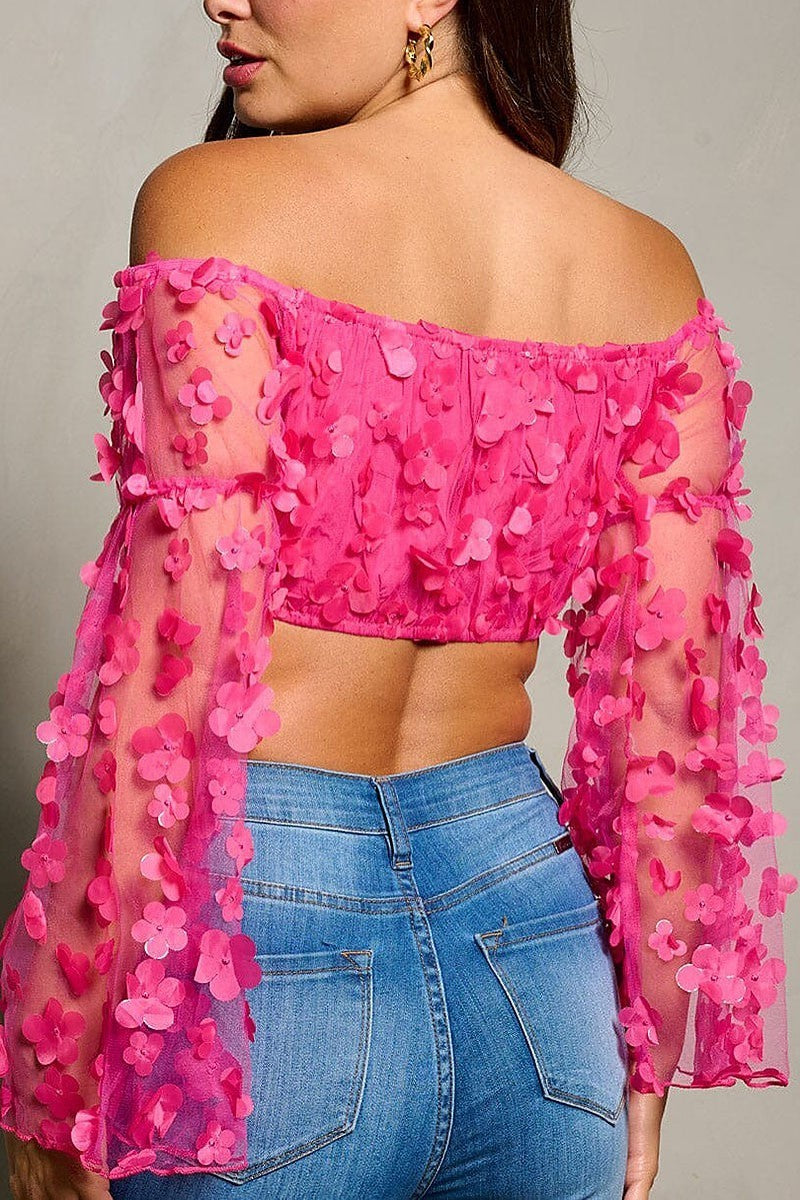 Bell sleeve off shoulder flowers detailed crop top (EFWT9949)