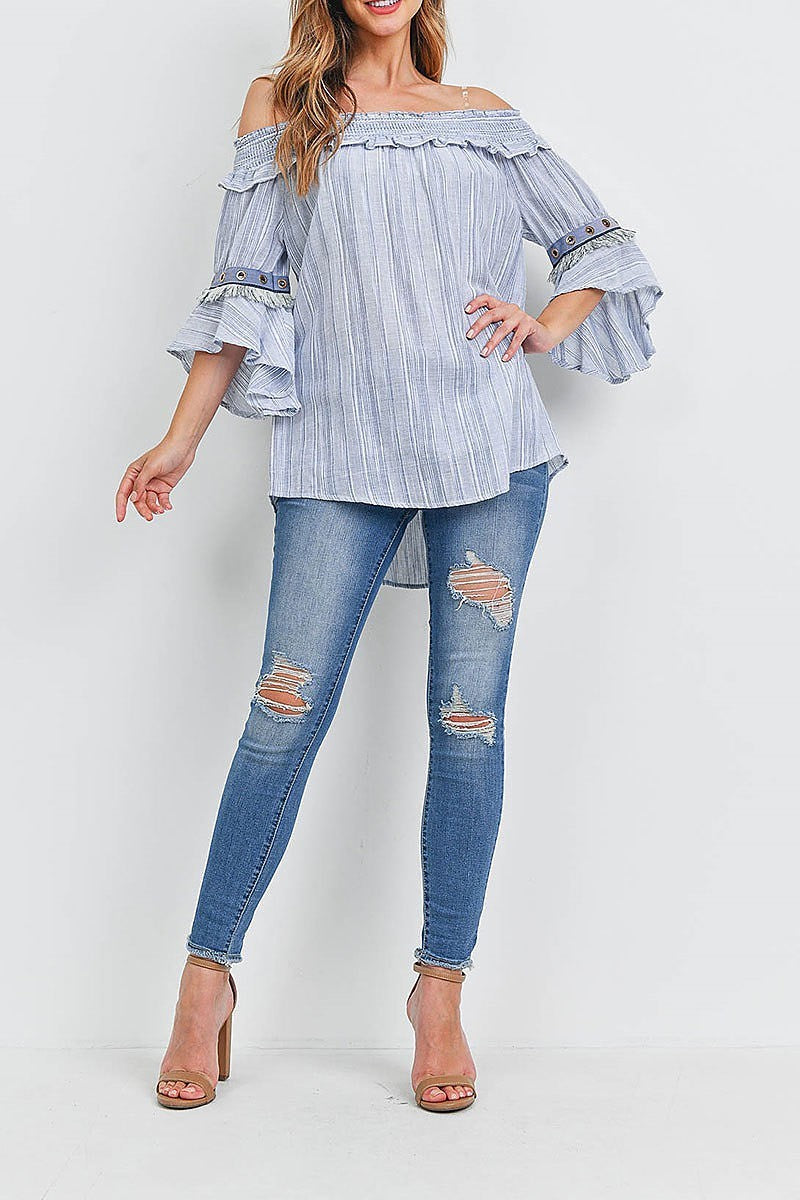 Off shoulder fringe detail bell sleeve stripe top (EF1214)