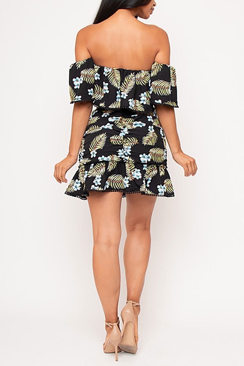 Floral print off shoulder top and skirt set (EDVC2460)