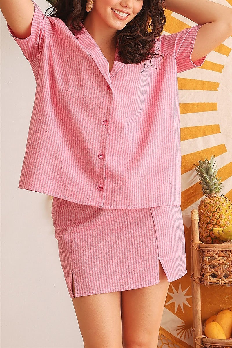 Stripe collared neck button up top and skirt set (TED1817)