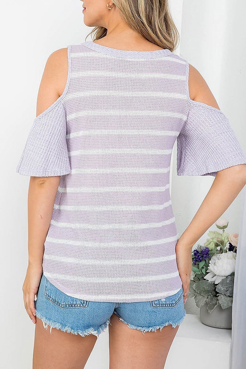 Button front cutout shoulder stripe top (EF4233)