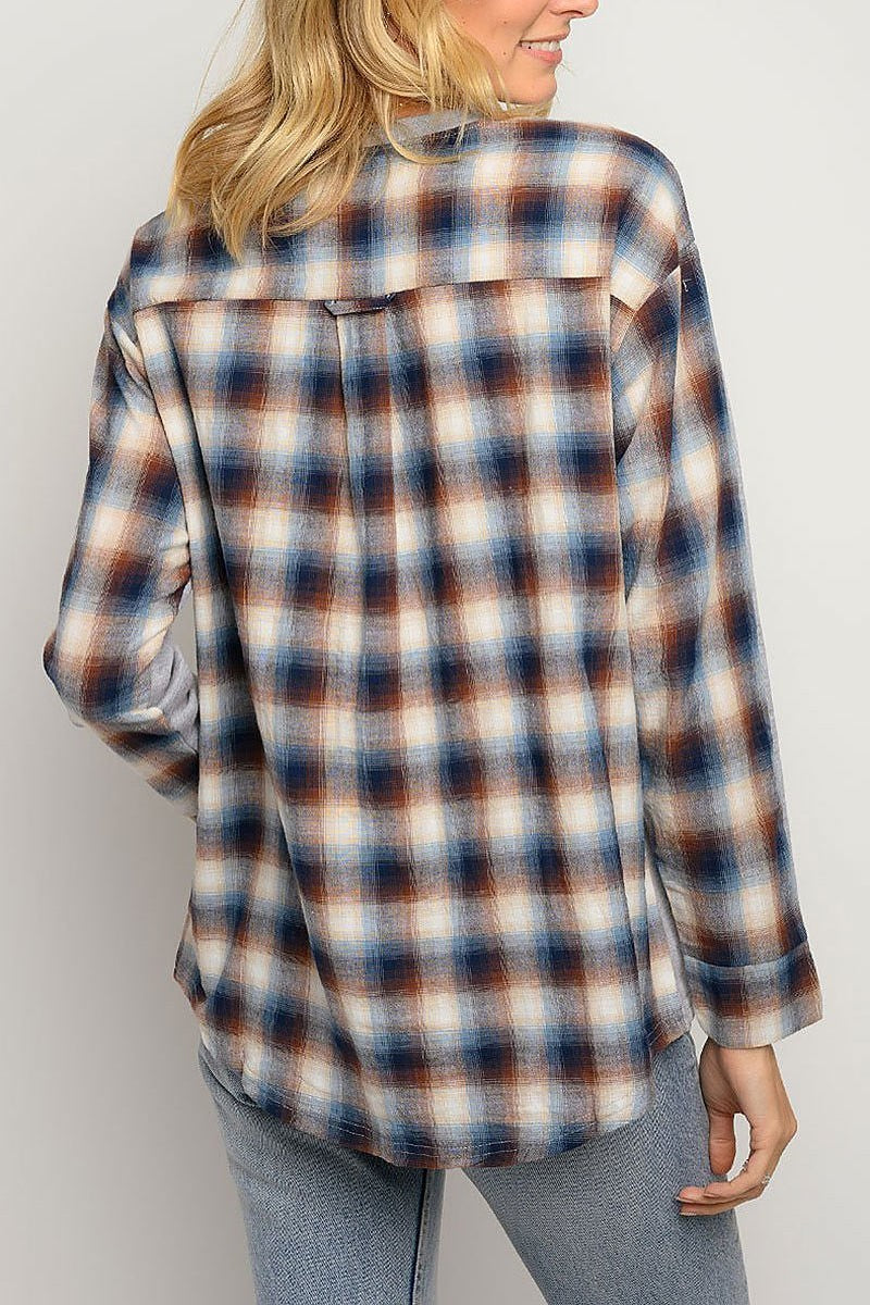 Long sleeve plaid contrast top (EDWT3410)