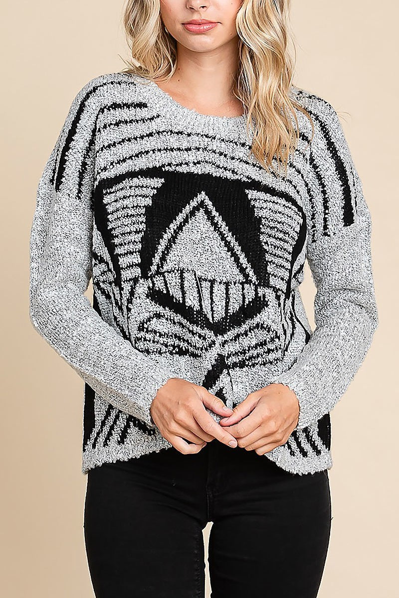 Geometric pattern round neck pullover (EDH1628)