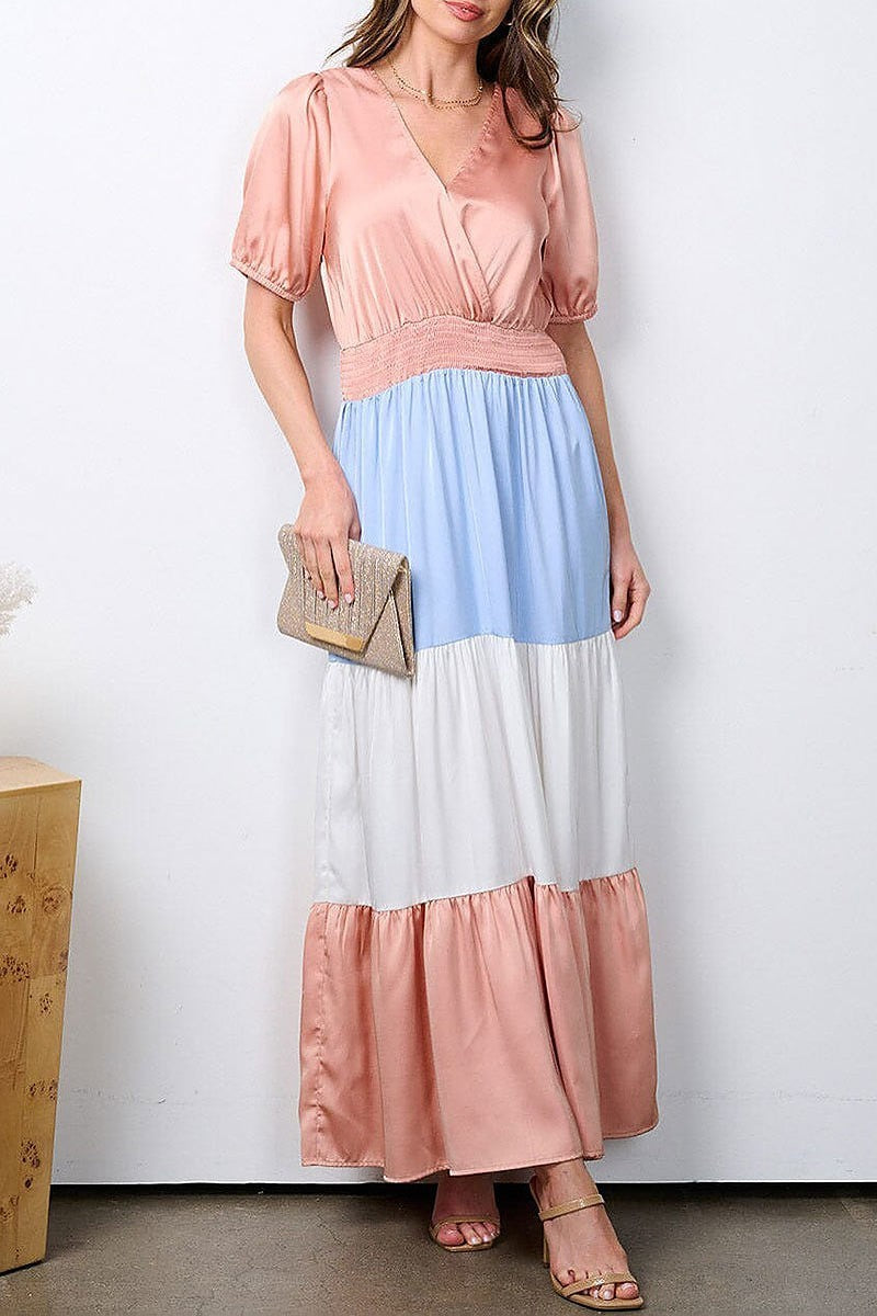 Surplice smock waist colorblock maxi dress (EFWT7326)