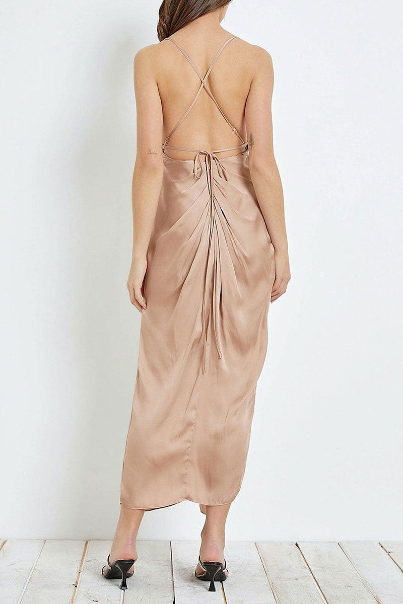 Front twist open tie back front slit dress (TED2833)