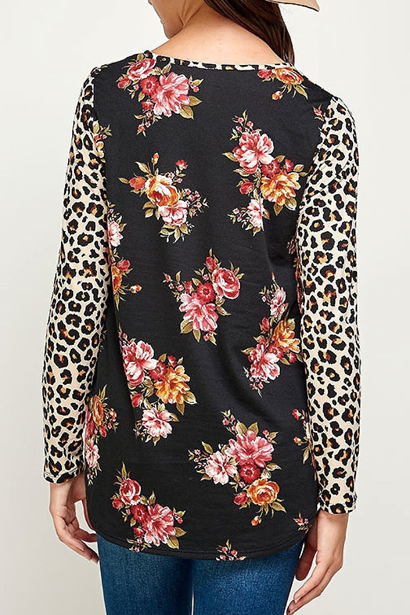 Animal floral pritn cutout front color block top (EF2381)