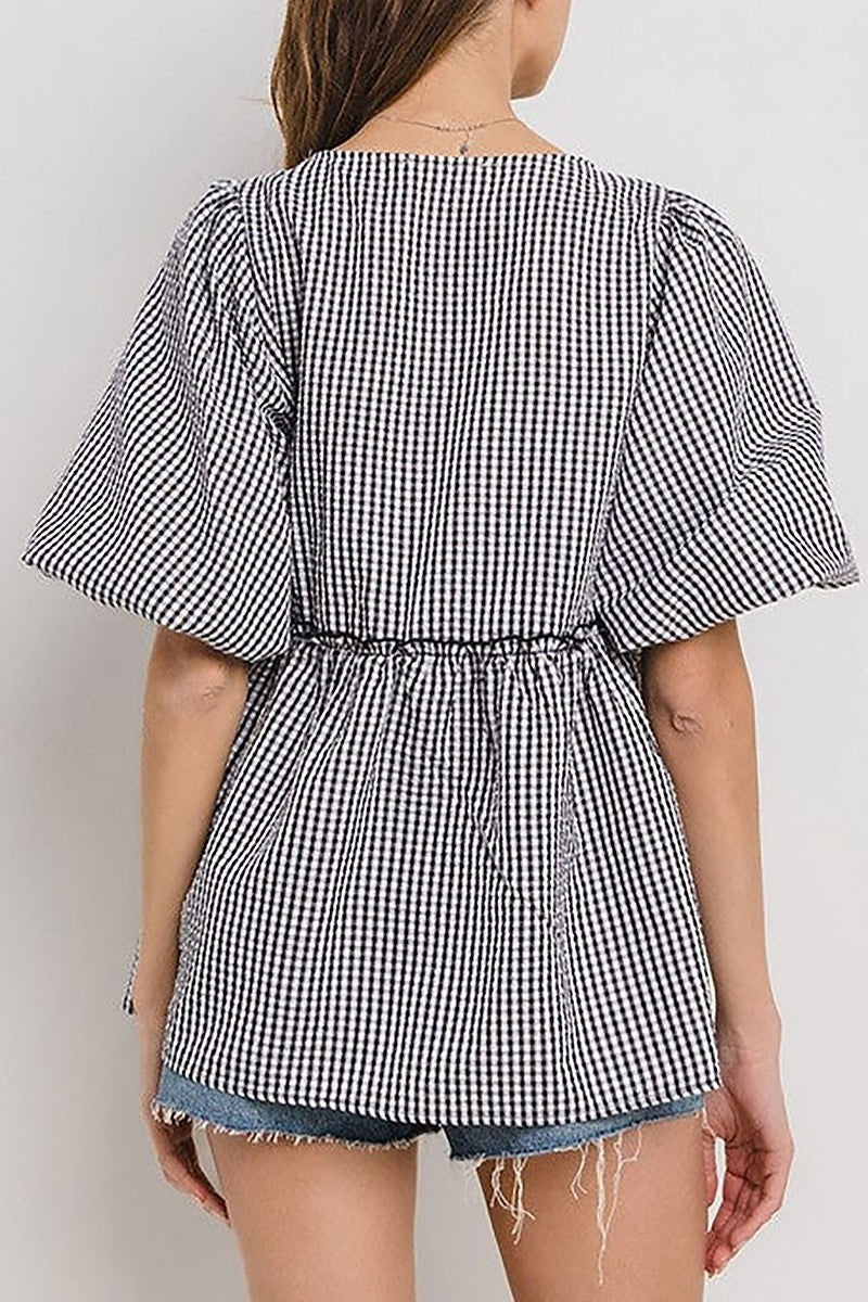 Gingham puff sleeves blouse top (EDSW4492)