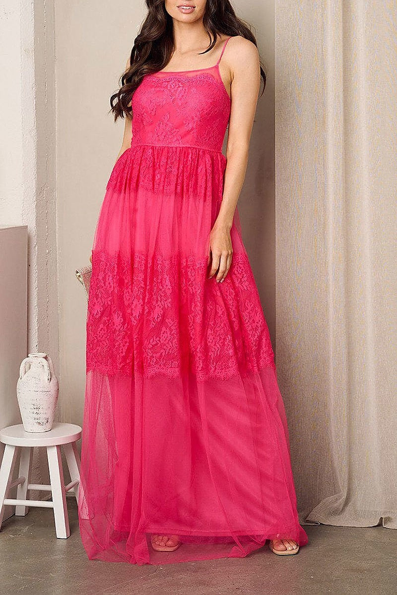 Sleeveless lace tiered maxi gown dress (EFWT2389)