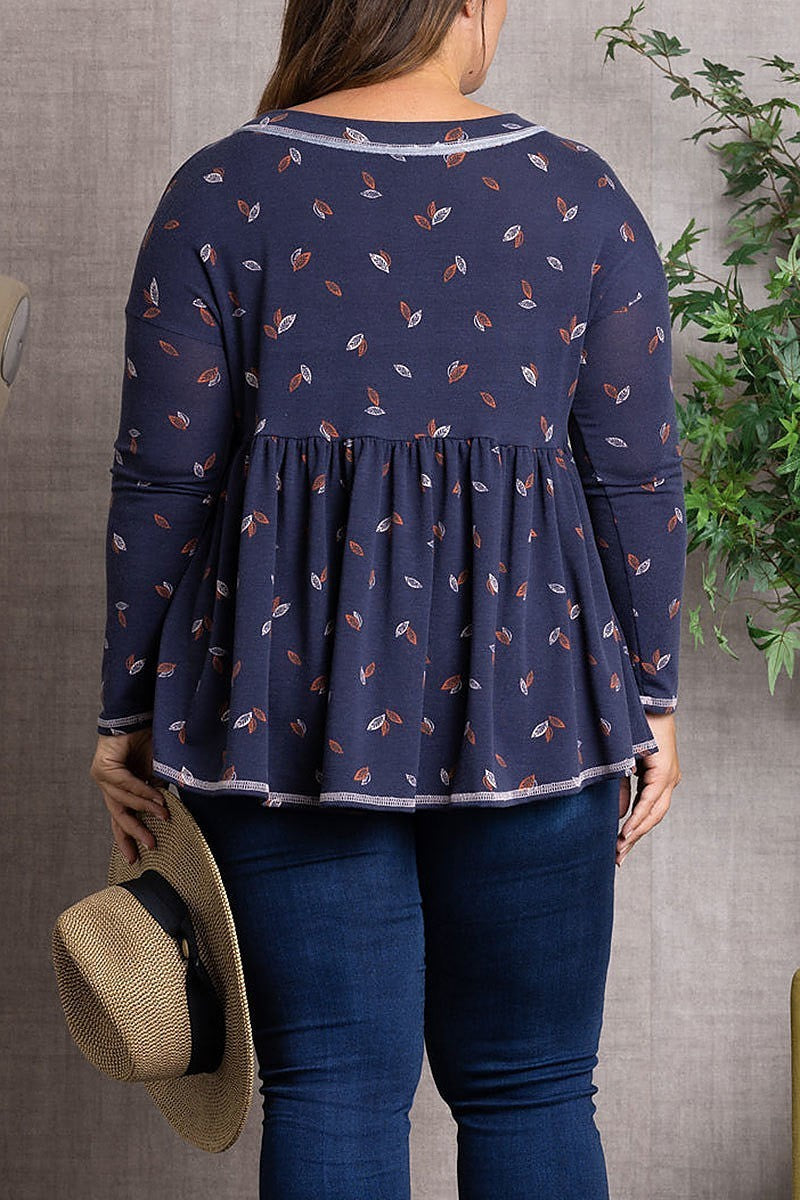 Fall leaves print baby-doll style plus size top (EDSW3399)