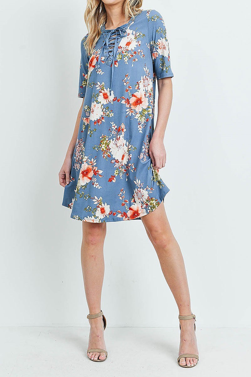 Lace up detail floral print tunic dress (DED5914-LAST)