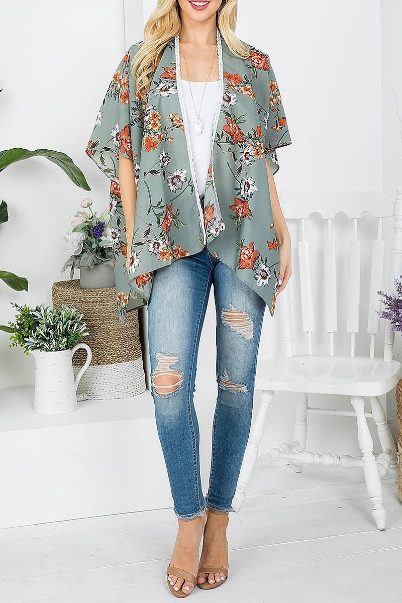 Floral print kimono with lace trim (EF3970)