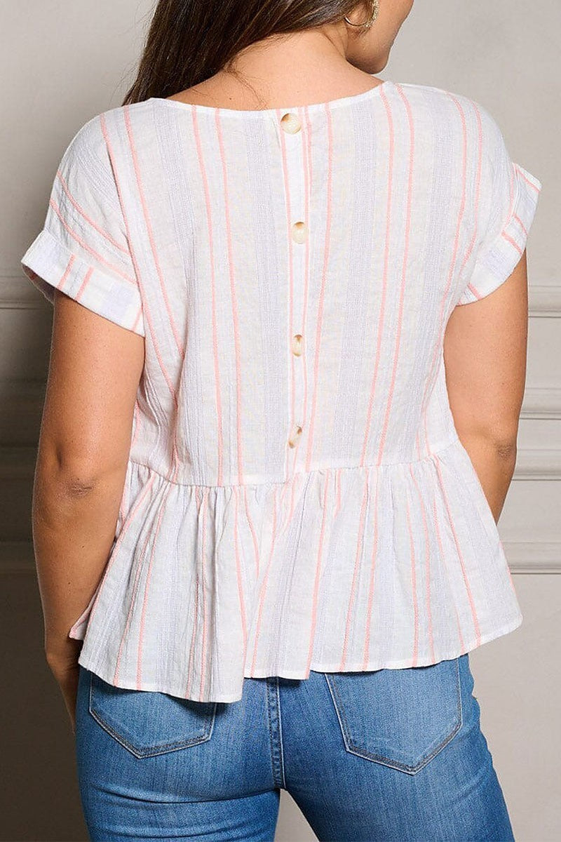 Short sleeve multi stripes peplum blouse top (EGWT2360)