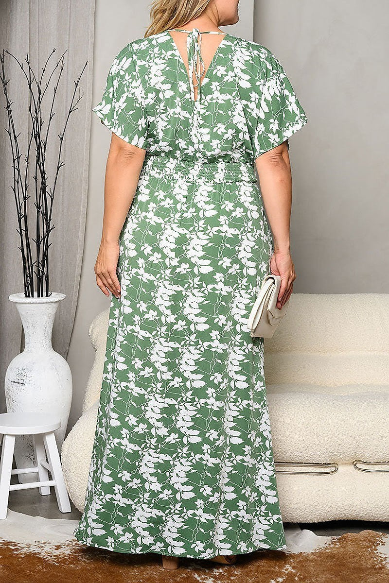 Short sleeve v neck floral maxi dress (EDWT7377)