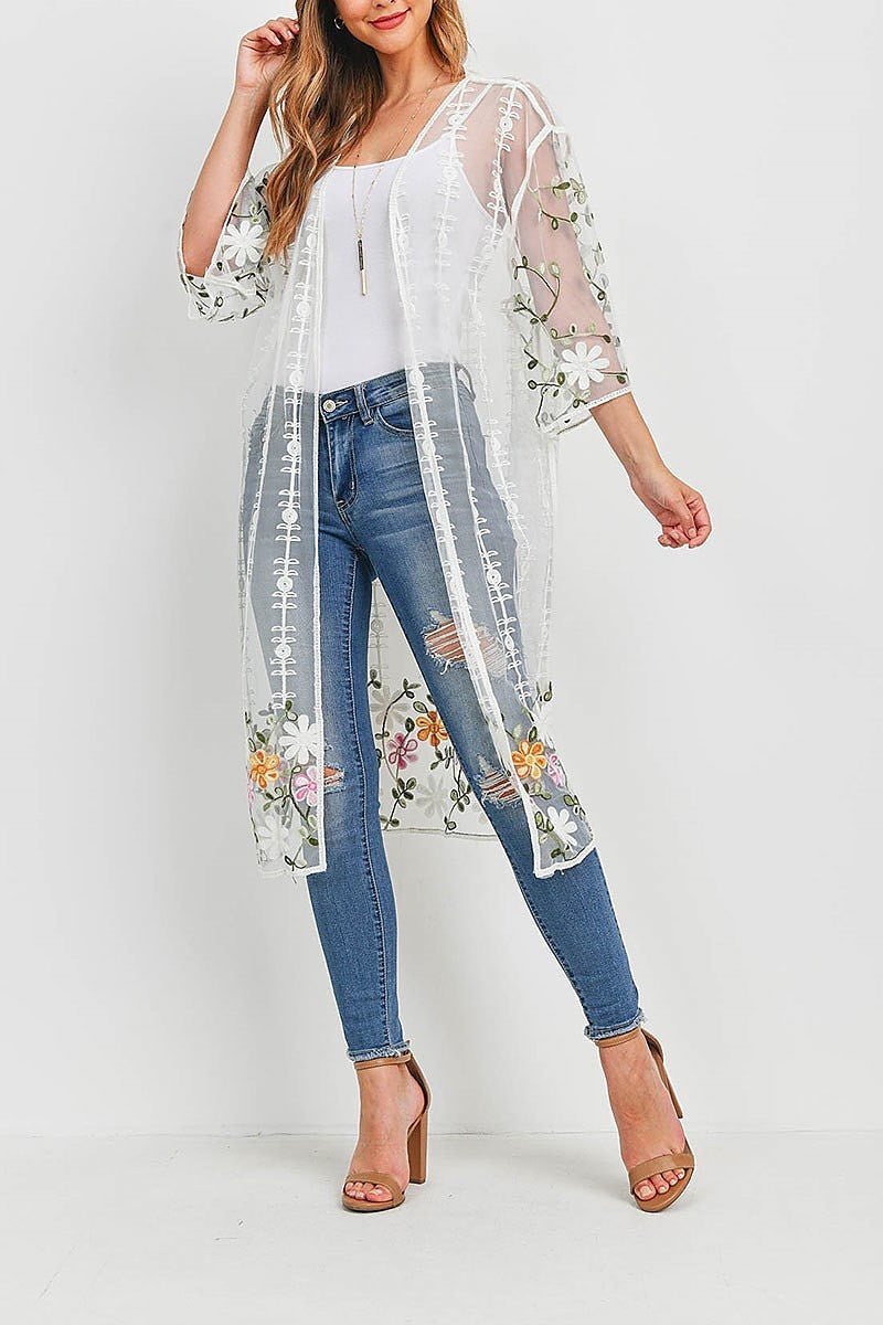 Multi floral embroidered sheer kimono top (EF1067)