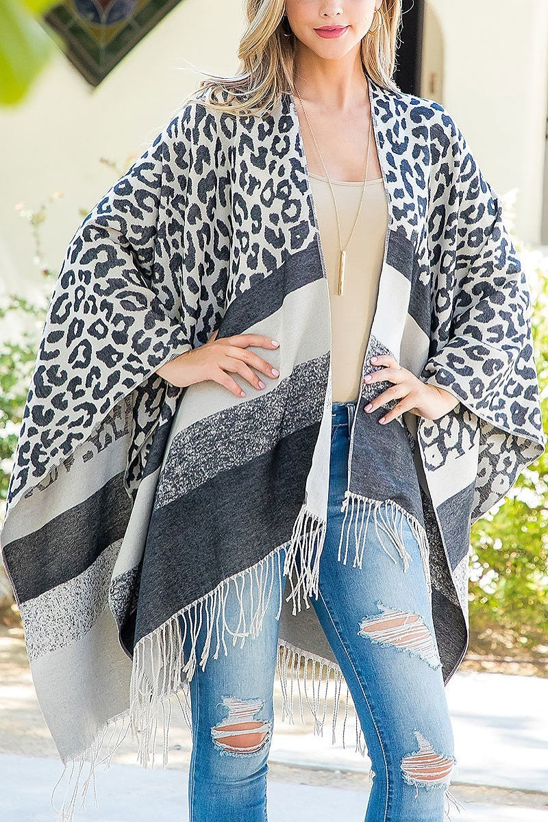 Stripe leopard fringe kimono wrap (DGS5833)