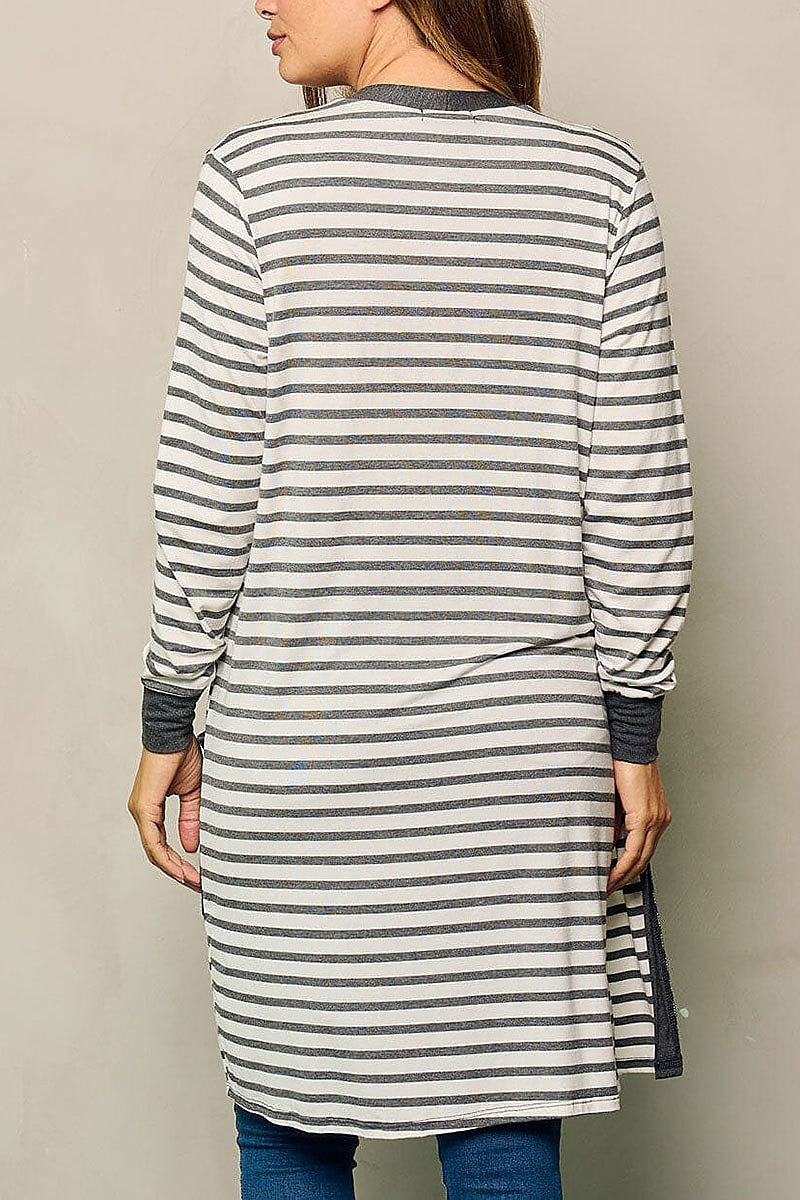 Long sleeve open front pockets stripes cardigan (EFWT4360)