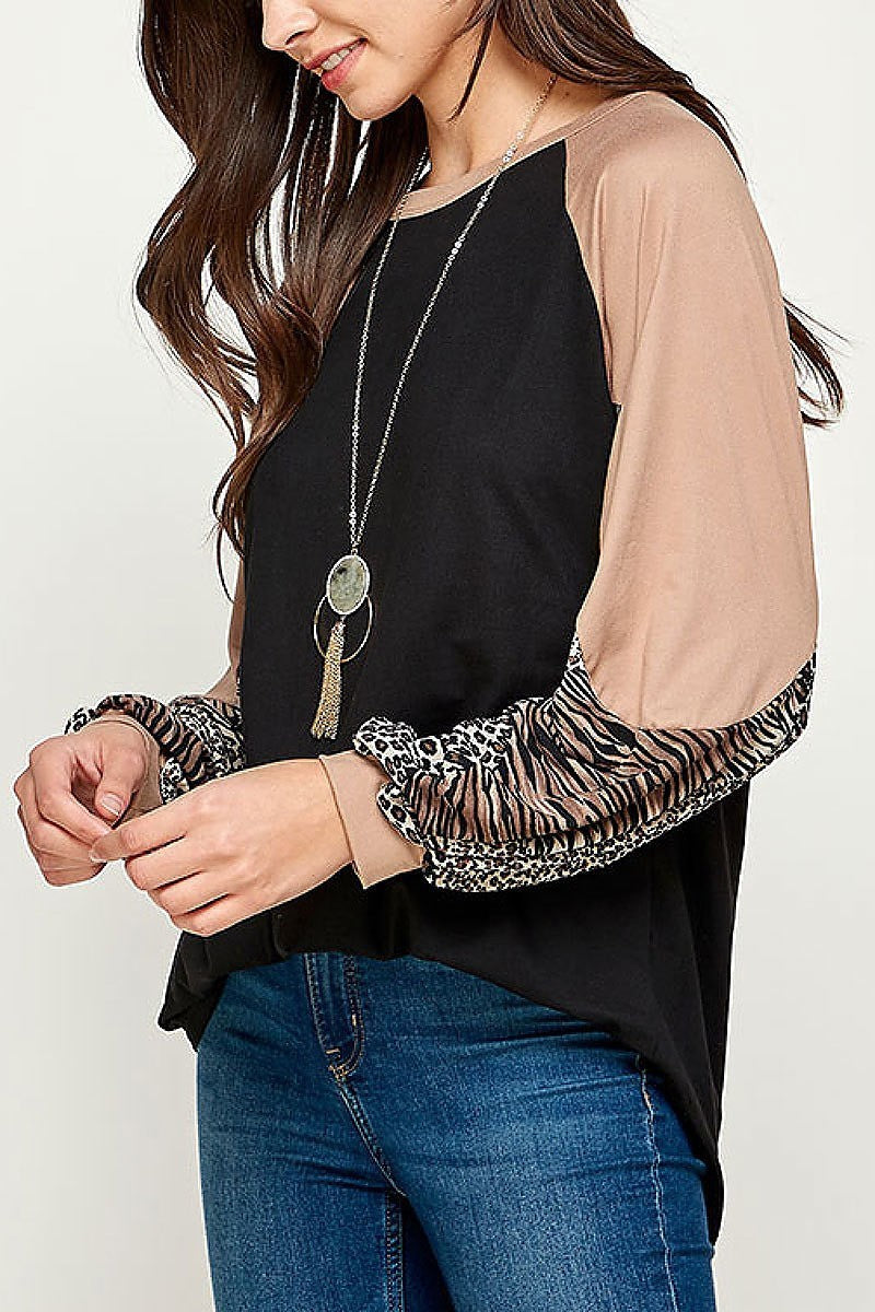 Mix animal print color block bubble sleeve top (EF2380)