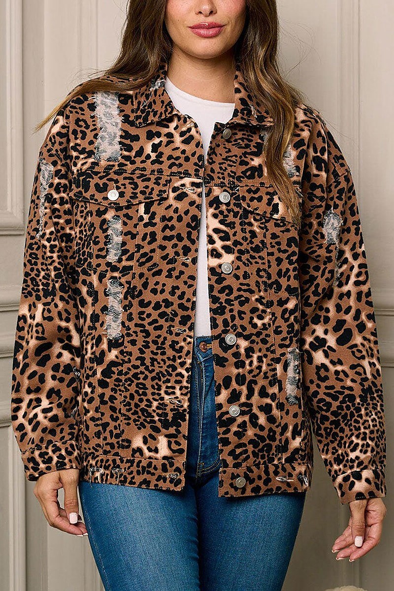 Button up animal print distress denim jacket (EFWT5853)