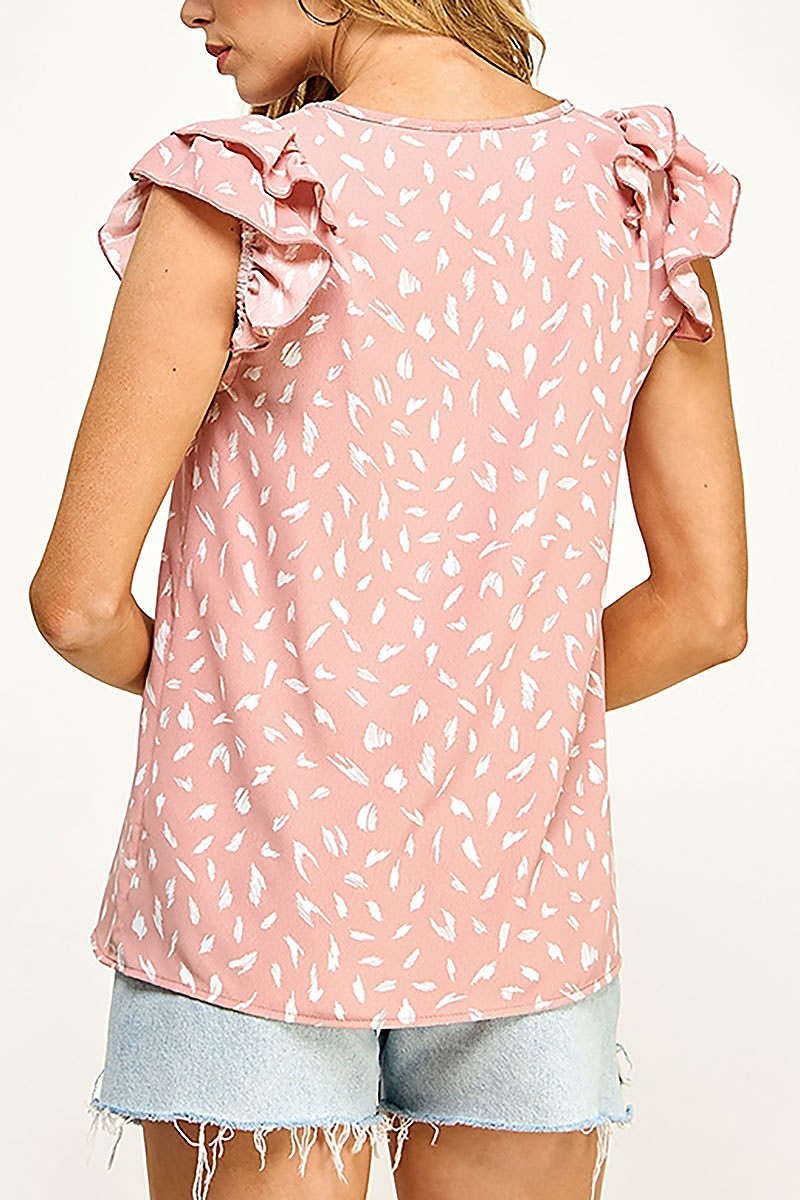 V neck ruffled sleeve woven print top (EF5521)