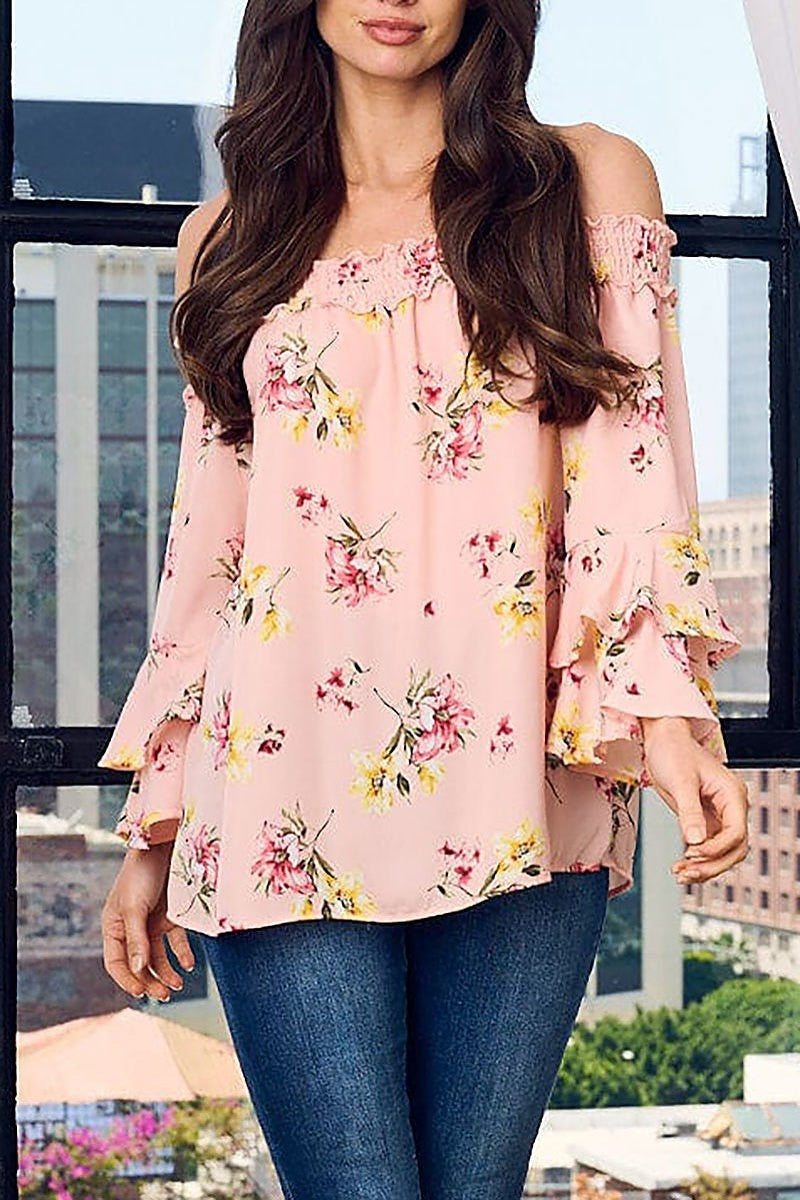 Off shoulder floral layered sleeve top (EFWT1805)