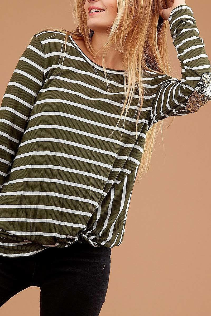 Sequin elbow patch twist front stripe top (DGBM9106-LAST)