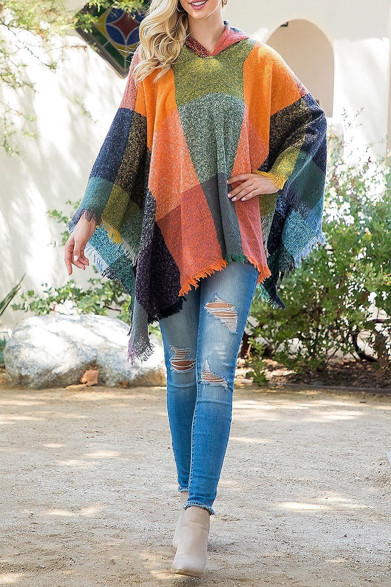 Square multicolor warmer knitted hooded poncho (DGS5851)