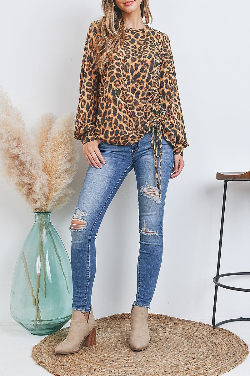 Leopard puff sleeve tie detail tunneled top (EF2694)