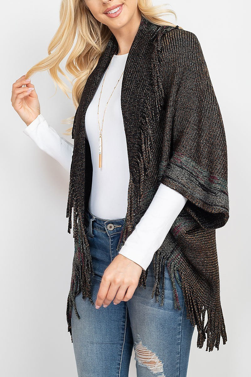 Borderline knitted fringe ruana kimono (DGS5294)