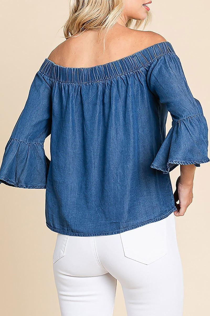 Chambray elastic off shoulder top (EDH1637)