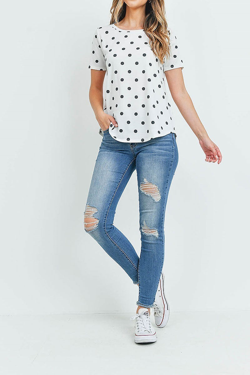 Short sleeves round hem polka dots top (EF5580)